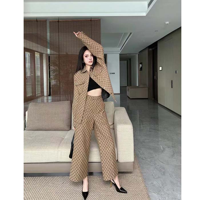 Gucci Women GG Canvas Shirt Point Collar Dropped Shoulder Long Sleeves