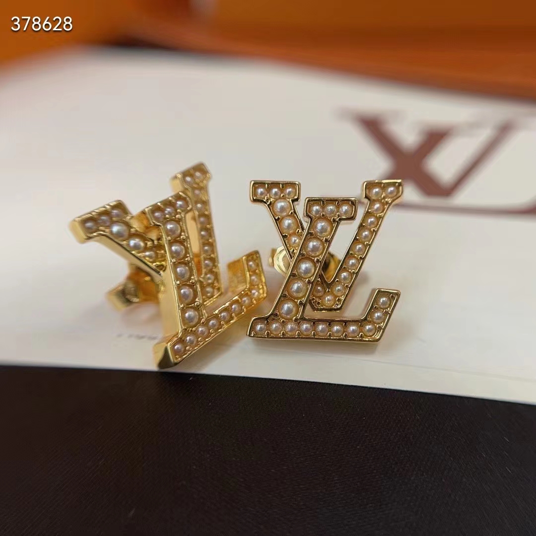 Louis Vuitton Women LV Iconic Pearls Earrings Metal Gold-Color Finish White Resin Pearls Enamel