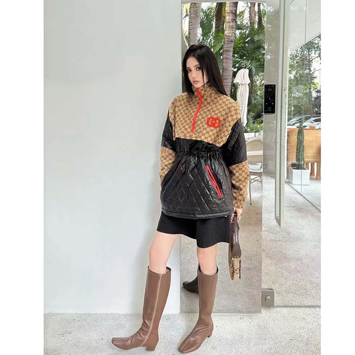 Gucci Women GG Canvas Nylon Zip Jacket Interlocking G Patch High Collar Drawstring Waistband