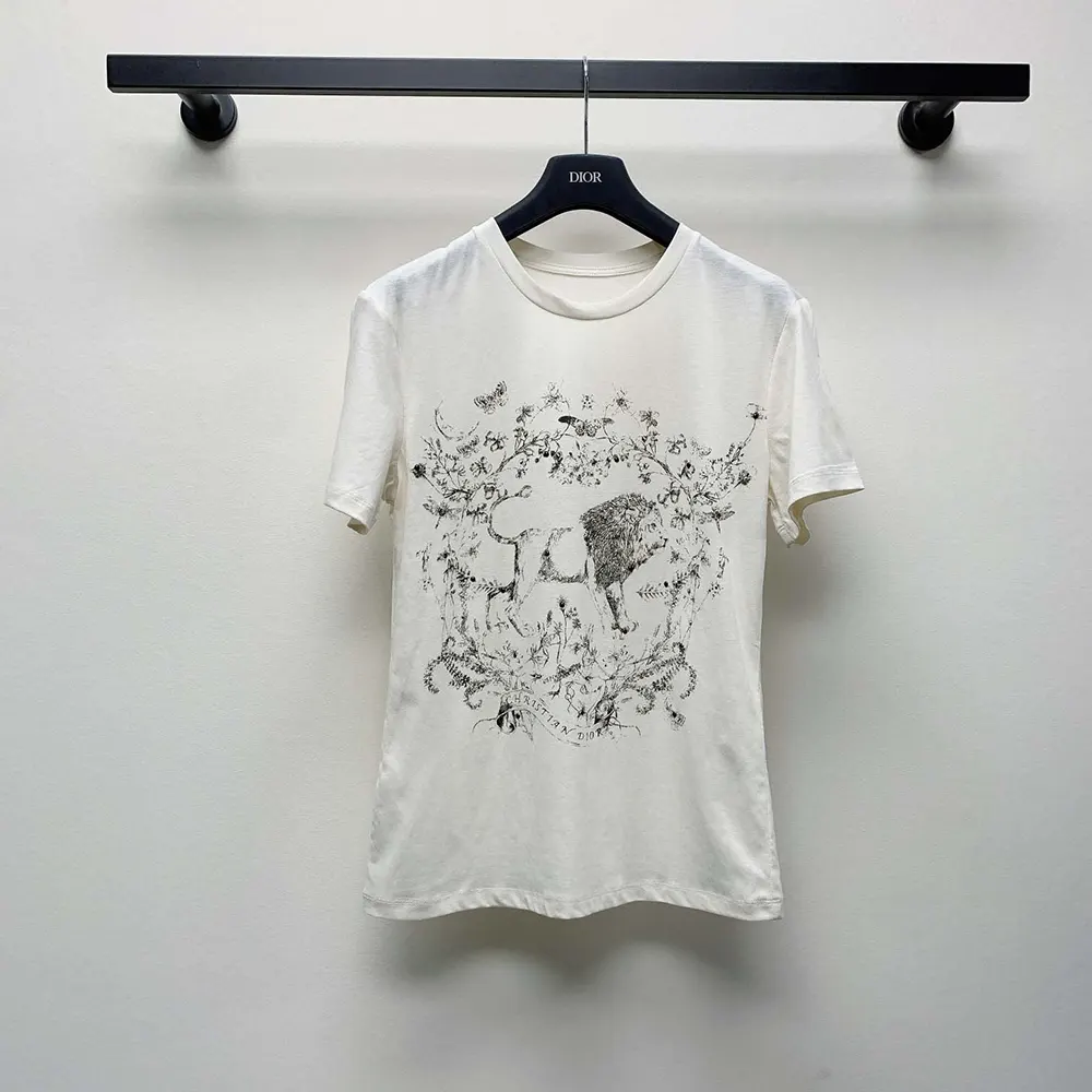 Dior Men T-Shirt White Cotton and Linen Jersey with Black Dior Cabinet de Curiosités Motif
