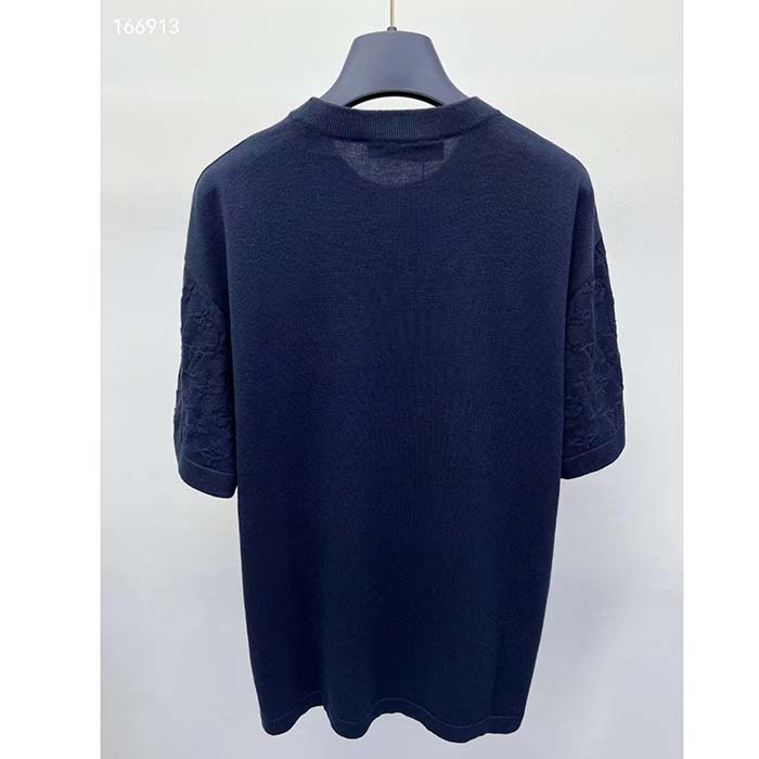 Louis Vuitton LV Women Short-Sleeved Cotton Crewneck Regular Fit Embossed Jacquard Monogram Navy Blue