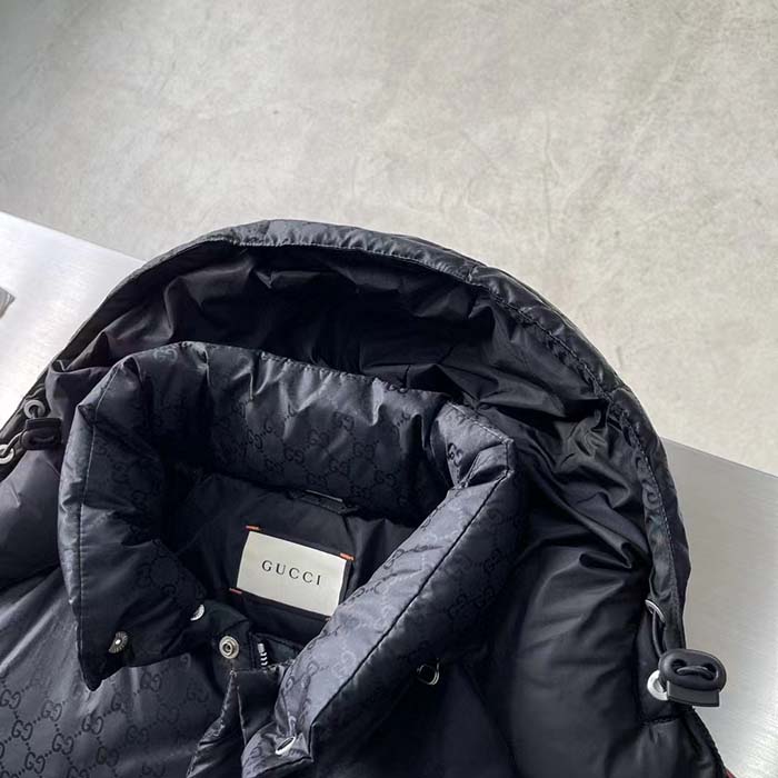 Gucci Women GG Nylon Jacquard Jacket Web Black Stripe Lined Fixed Hood Rib Cuffs