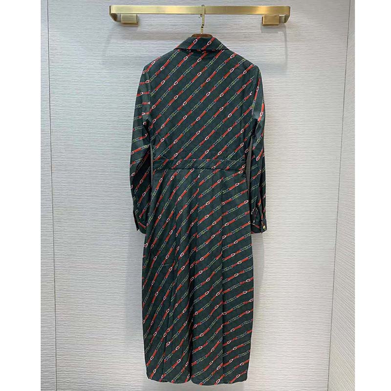 Gucci Women Interlocking G and Belts Print Dress in 100% Silk-Green