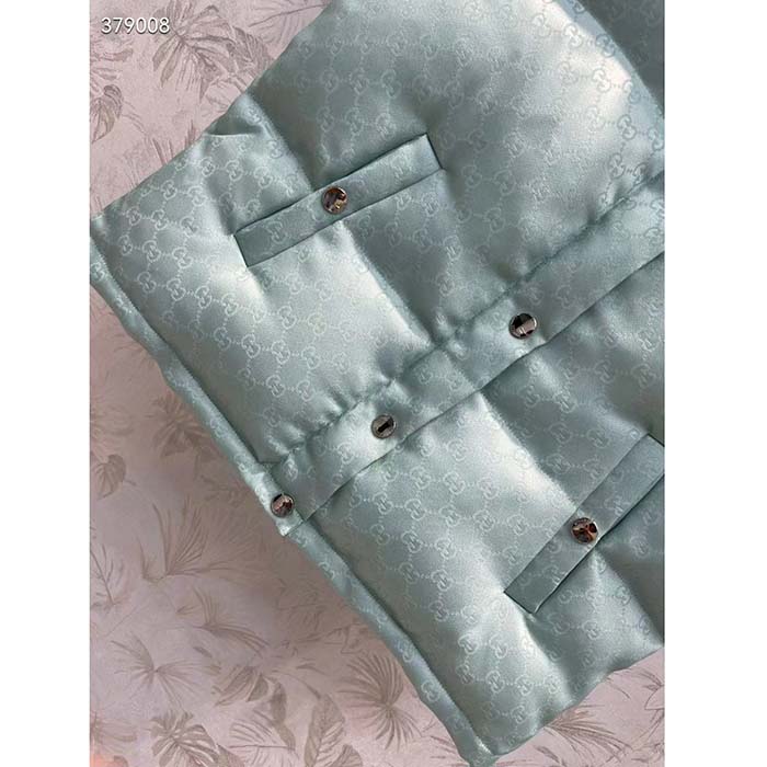 Gucci Women GG Cotton Canvas Padded Gilet Light Blue High Neck Interlocking G Sleeveless