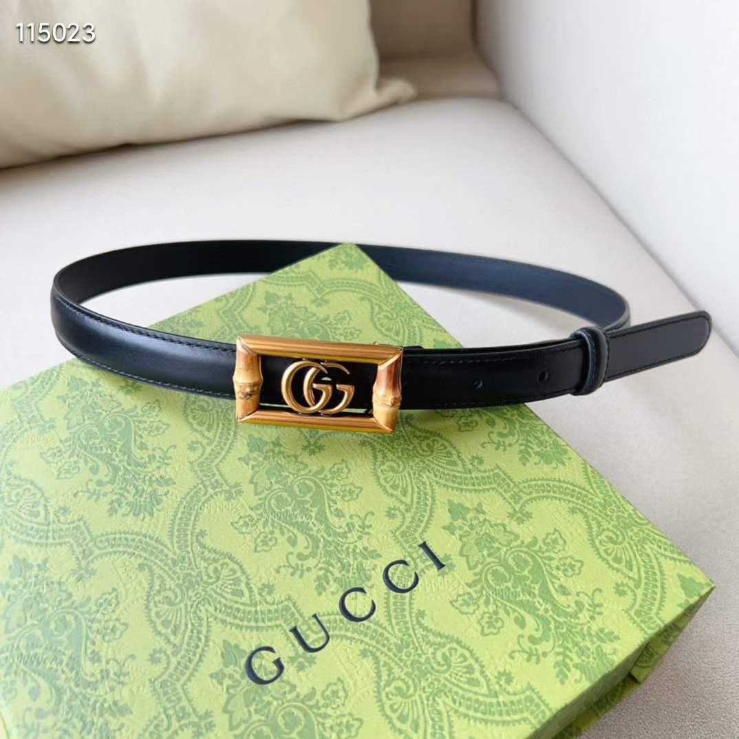 Gucci Unisex GG Belt Double G Buckle Bamboo Black Leather 1.8 CM Width