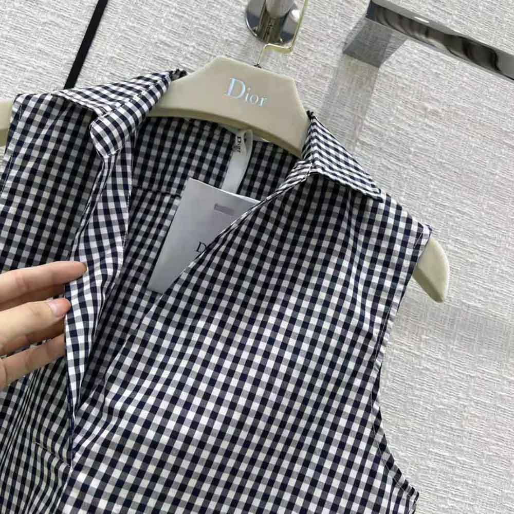 Dior Women Sleeveless Blouse Navy Blue D-Little Vichy Silk Canvas