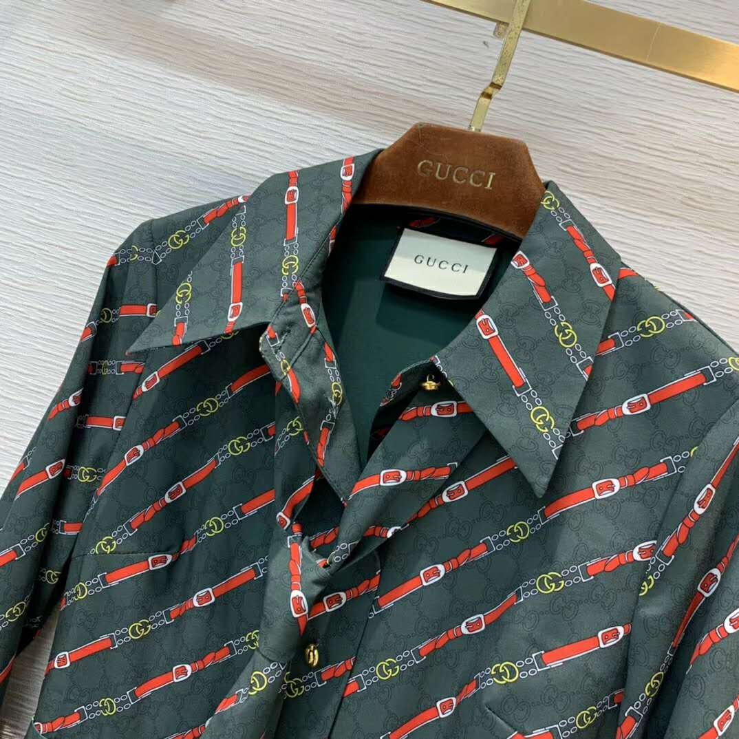 Gucci Women Interlocking G and Belts Print Dress in 100% Silk-Green