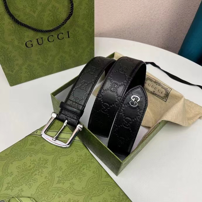 Gucci Unisex GG Gucci Signature Belt GG Detail Black Square Buckle Metal 3.8 CM Width