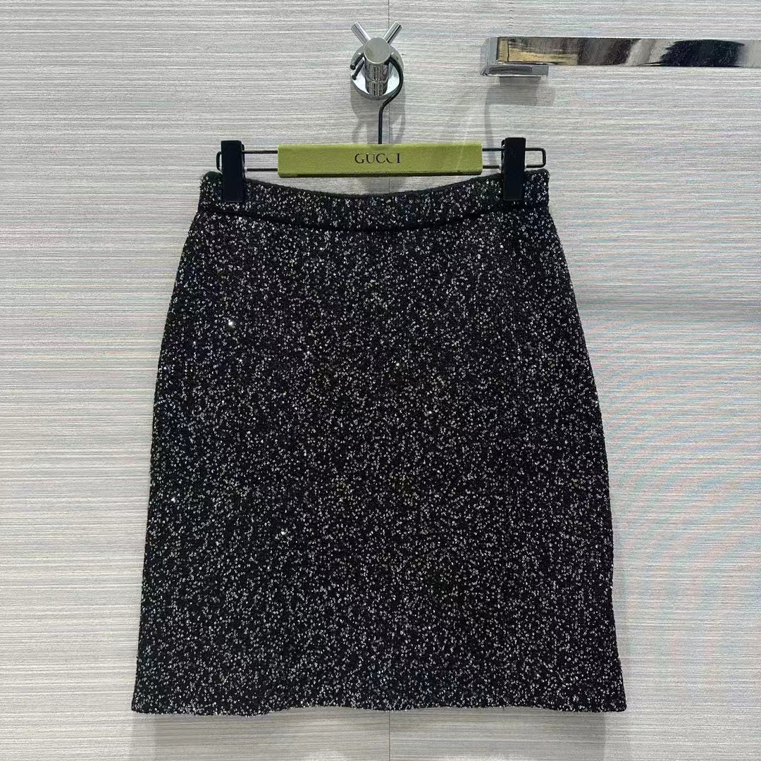 Gucci Women GG Viscose Knit Skirt Blend Sequin Embroidery Black Silver A-Line Zip Closure