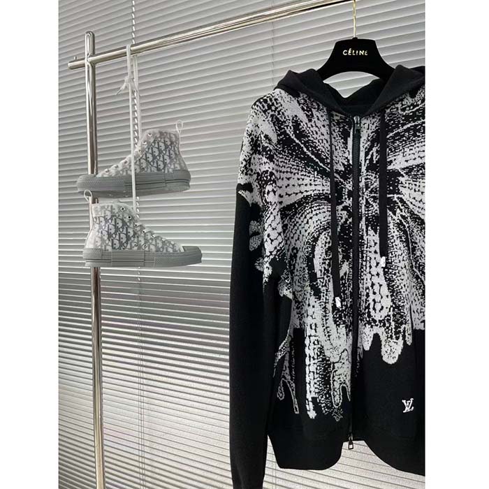 Louis Vuitton Women LV x YK Psychedelic Flower Zipped Hoodie Wool Polyamide Black White Regular Fit
