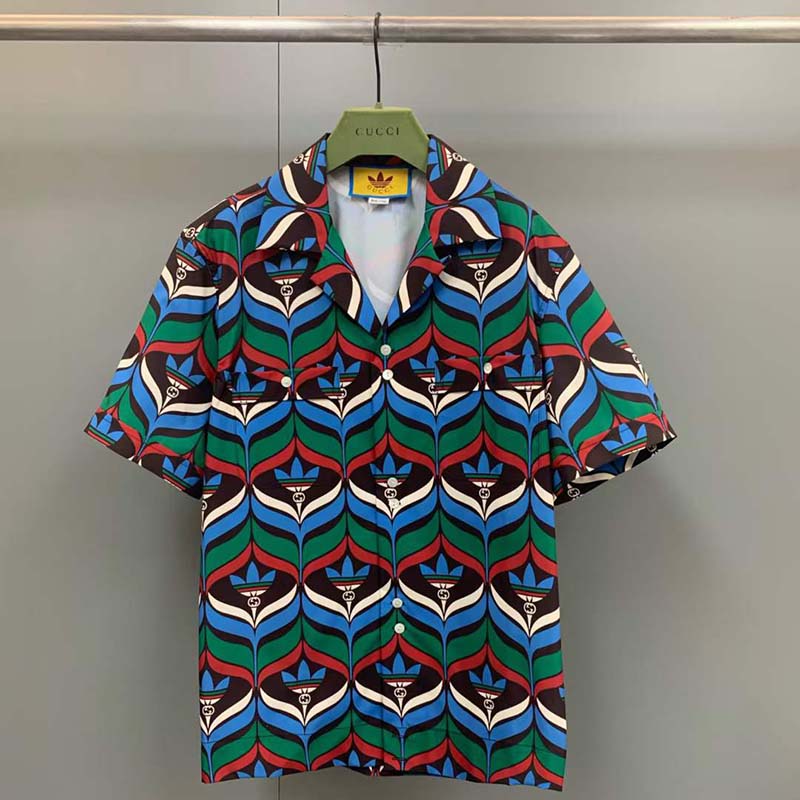 Gucci GG Women Adidas x Gucci Trefoil Print Bowling Shirt Straight Hem Side Vents Viscose