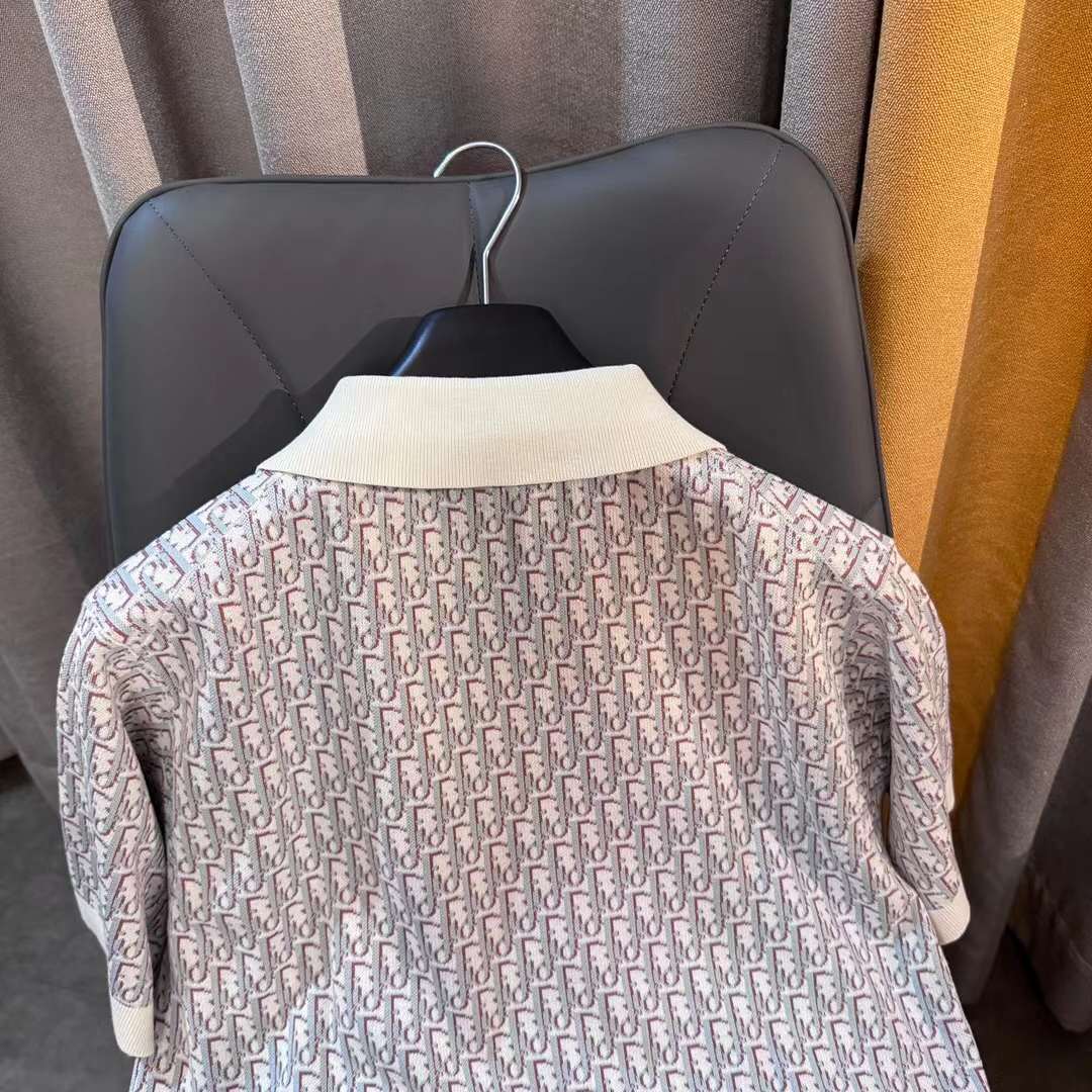 Dior CD Men Oblique Polo Shirt White Blue Brown Cotton Jacquard