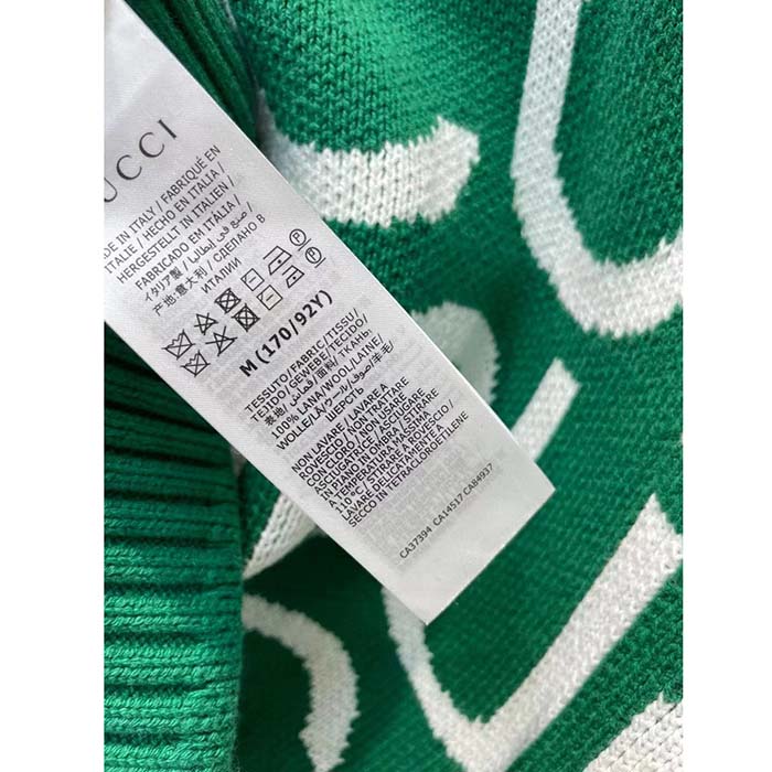 Gucci Women GG Wool Sweater Gucci Intarsia Green Crewneck Dropped Shoulder