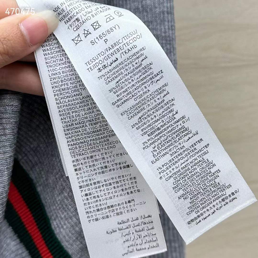 Gucci Women GG Extra Fine Rib Cashmere Knit Top Grey Silk Polo Neck