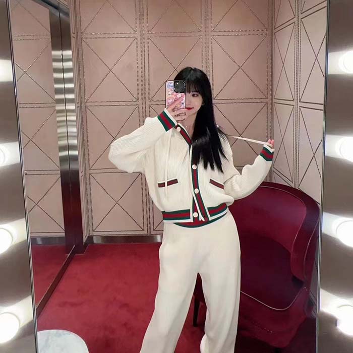 Gucci Women GG Rib Wool Pant Web Elastic Waist Drawstring Elastic Leg Cuffs