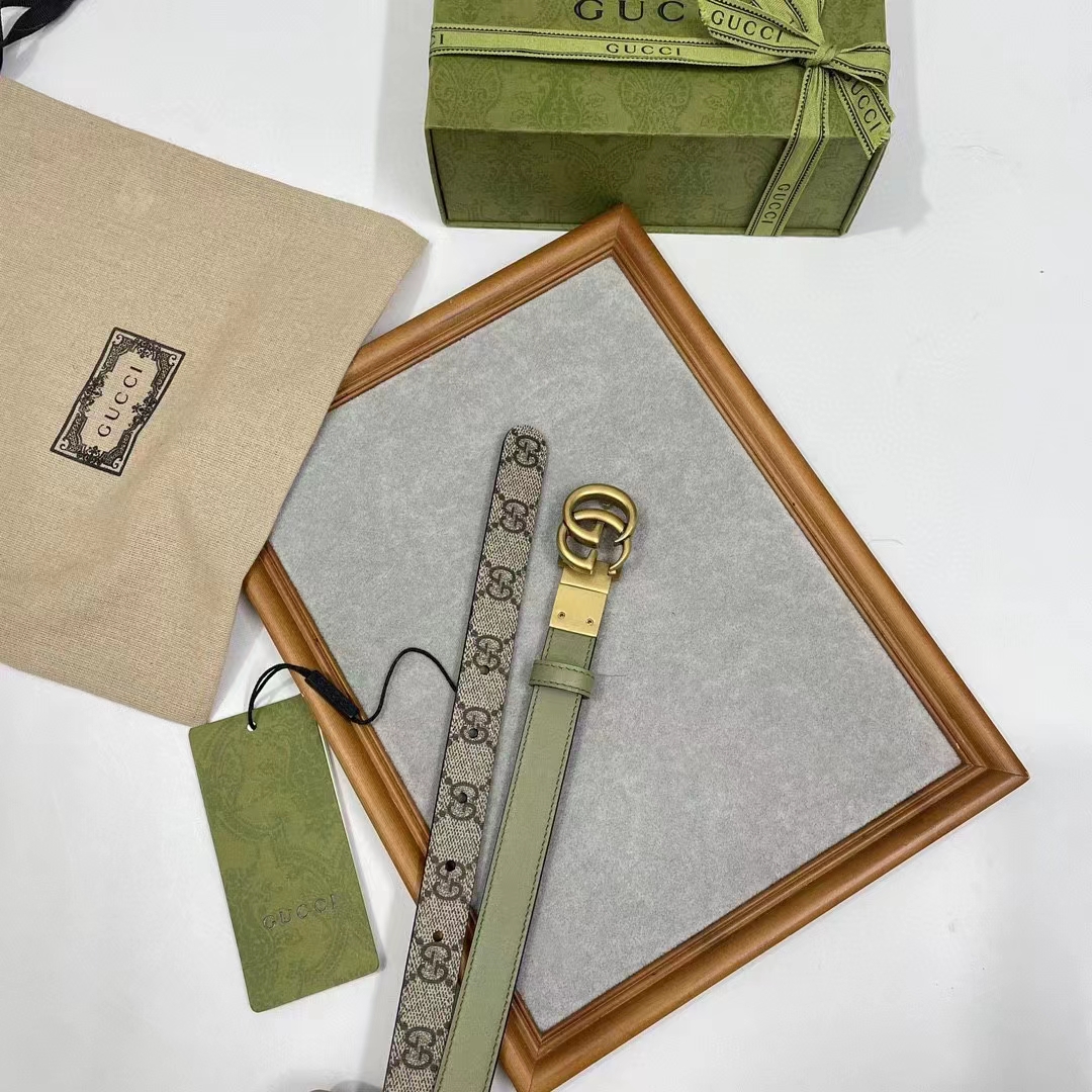 Gucci GG Unisex Marmont Reversible Thin Belt Beige Ebony GG Supreme Canvas