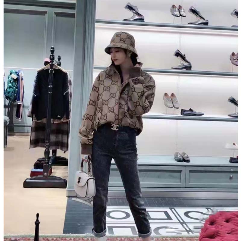 Gucci Women Jumbo GG Canvas Jacket Beige Ebony Jumbo Cotton Wool Leather