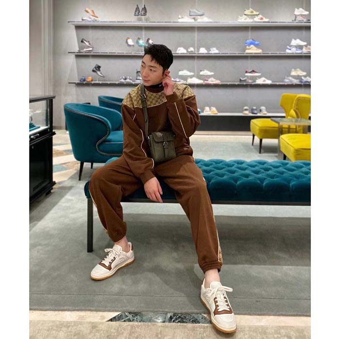 Gucci Men Cotton Jersey Sweatpants Brown Light GG Canvas Elastic Cuffs Relaxed Fit