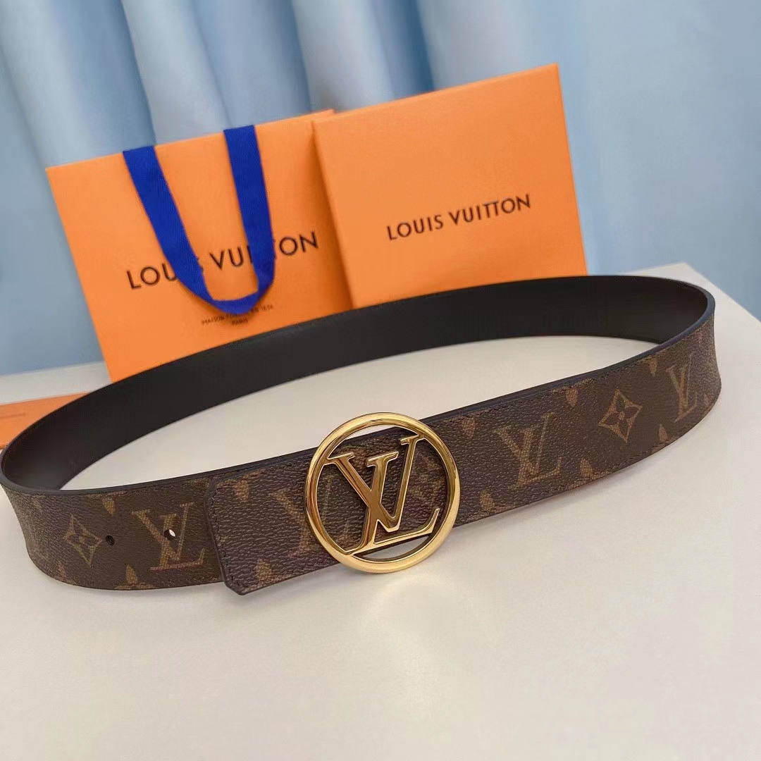 Louis Vuitton Unisex LV Circle 35 MM Reversible Belt Black Leather Monogram Canvas