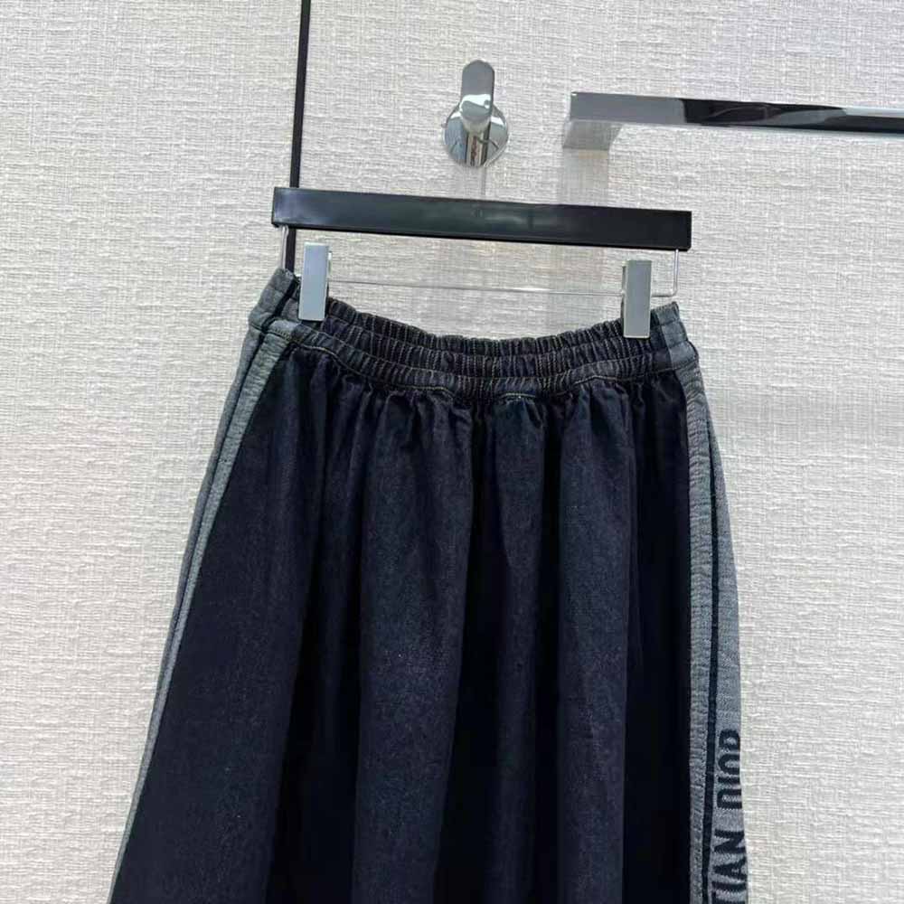 Dior Women Denim Couture Mid-Length Skirt Deep Blue Lightweight Cotton Denim