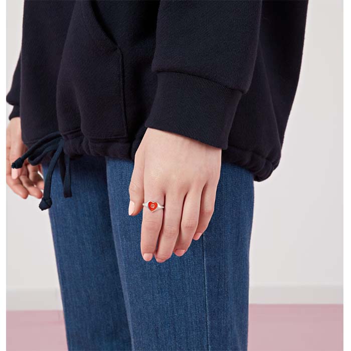 Gucci Unisex GG Heart Ring Interlocking G 925 Sterling Silver Red Enamel