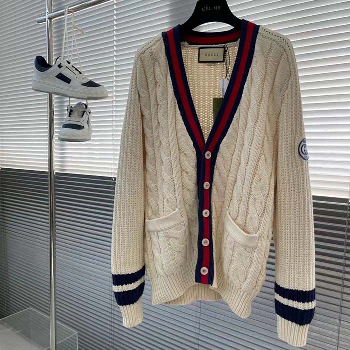 Gucci Women GG Cable Wool Knit Cardigan Web V-Neck Dropped Shoulder Two Front Pockets