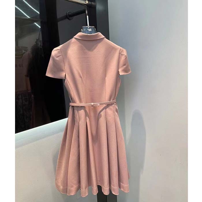 Dior Women CD Flared Belted Dress Melocoton Pink Wool Silk Couture Rounded Sleeves
