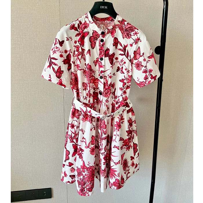 Dior Women CD Belted Shirt Dress White Cotton Silk Poplin Red Toile De Jouy Mexico Motif Reference: 417R89A3676_X3810