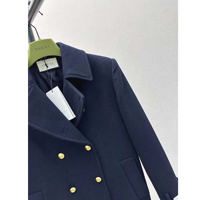 Gucci Women GG Felt Wool Coat Dark Navy Metal Buttons Gucci Cities Label Fully Lined