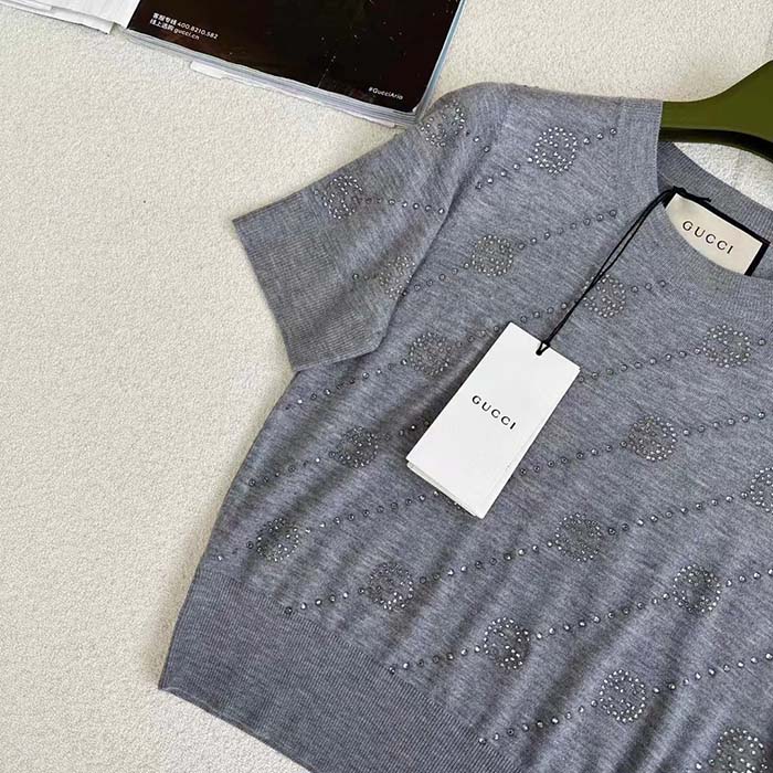 Gucci Women GG Cashmere Crewneck Interlocking G Grey Diagonal Stripe Crystals