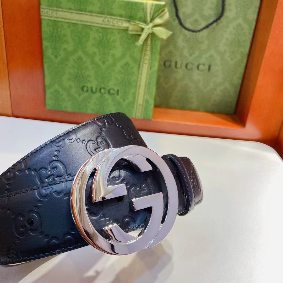 Gucci GG Unisex Signature Leather Belt Black Interlocking G Buckle 3.8 CM Width
