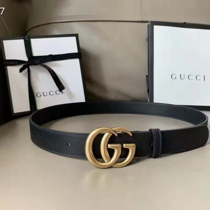 Gucci Unisex Slim Leather Belt Double G Buckle Black Leather 3 cm Width