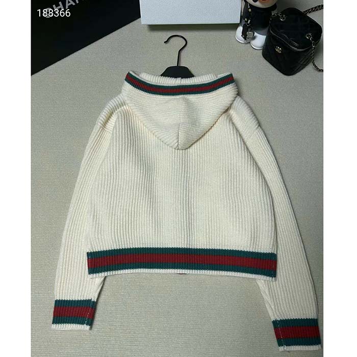Gucci Women Rib Stitch Wool Cardigan Web Fixed Hood Drawstring Dropped Shoulder Long Sleeves