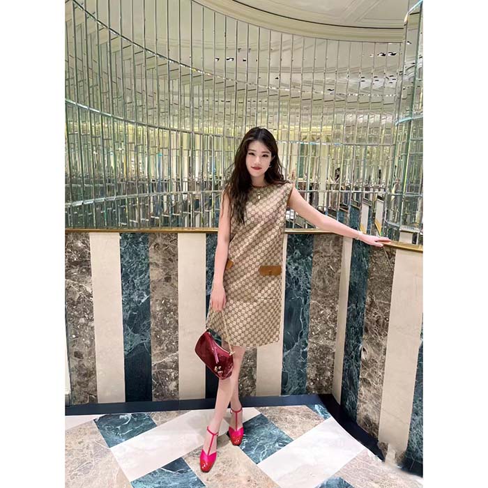 Gucci Women GG Canvas Dress Brown Beige Leather Unlined Crewneck Sleeveless