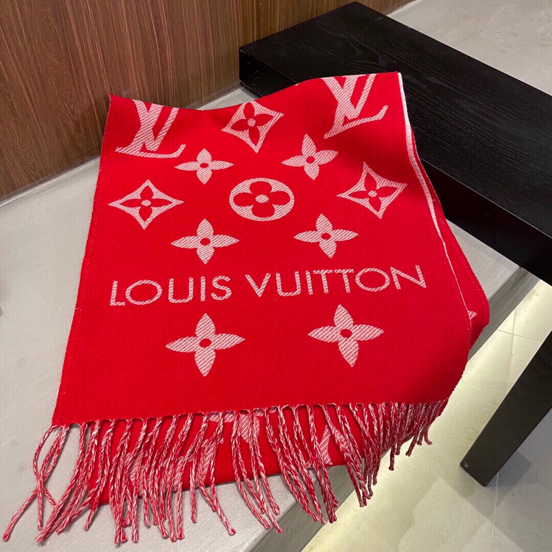 Louis Vuitton LV Unisex Essential Scarf Red Wool Jacquard Weave Monogram Pattern