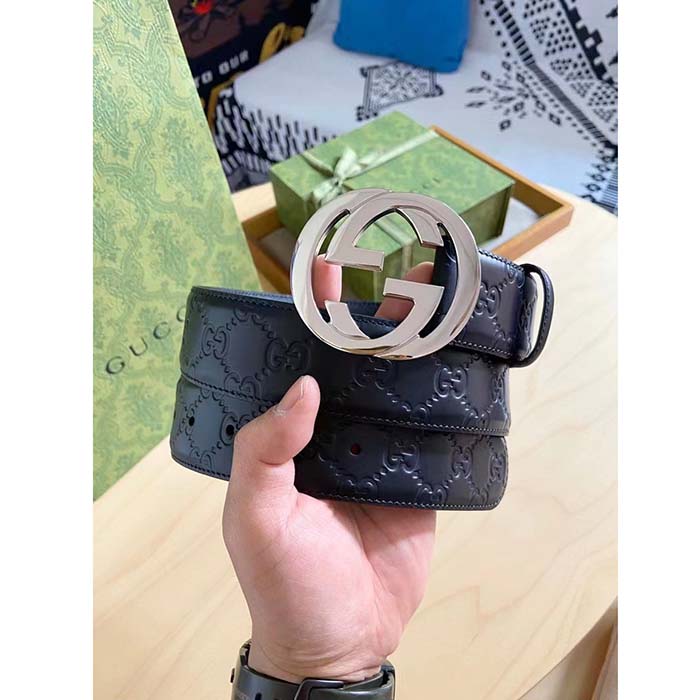 Gucci Unisex GG Signature Leather Belt Black Interlocking G Buckle 3.8 CM Width