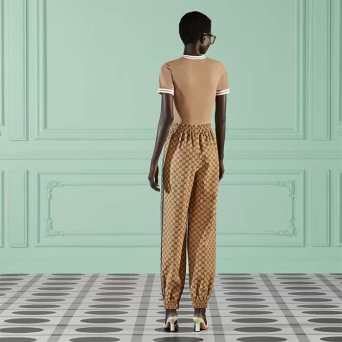 Gucci Women GG Adidas x Gucci Cotton T-Shirt Camel Jersey Trefoil Print Crewneck