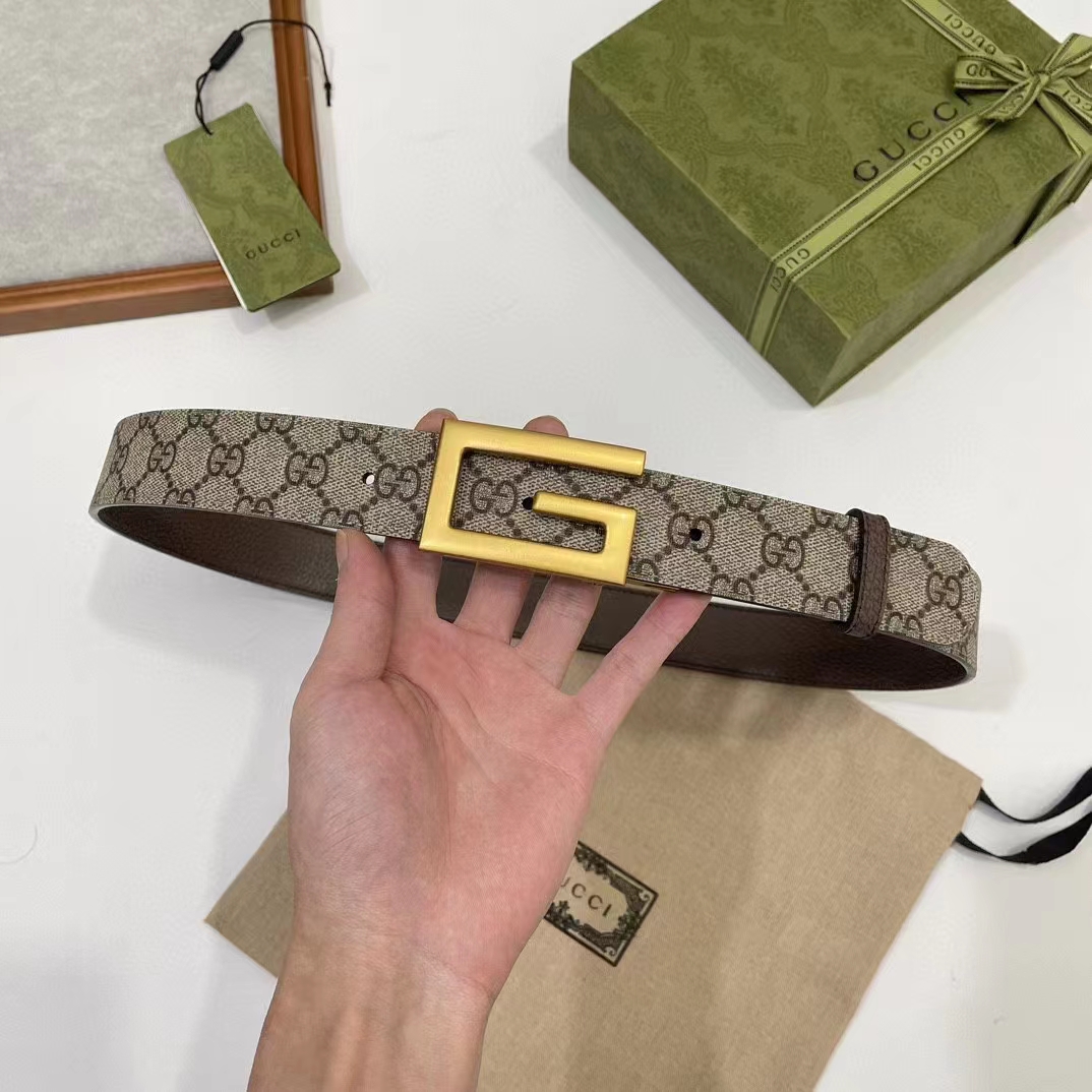 Gucci GG Unisex Reversible Belt Square G Buckle Beige Ebony GG Supreme Canvas