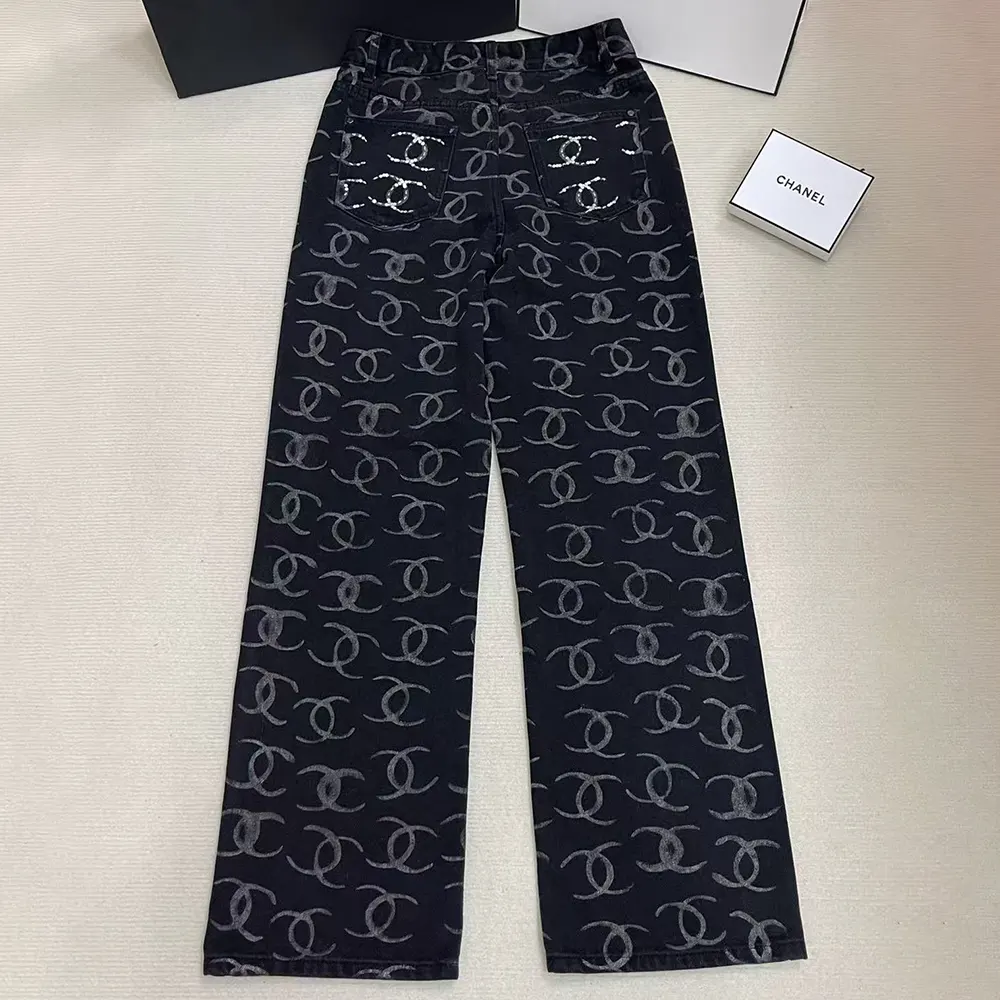 Chanel Women CC Jeans Flared Jeans in Black Washed Denim