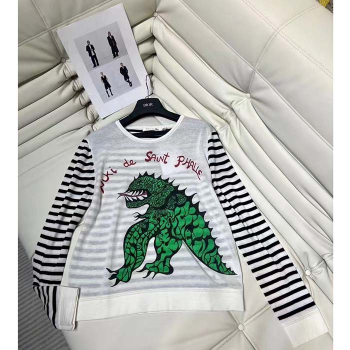 Dior Men CD Dior Marinière Sweater Navy Blue White Linen Cashmere Silk Knit Green Dragon Motif