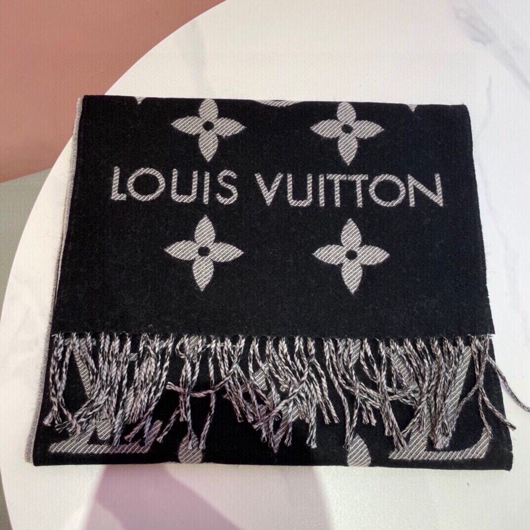 Louis Vuitton LV Unisex Essential Scarf Black Wool Contrasting Monogram Motif Signature