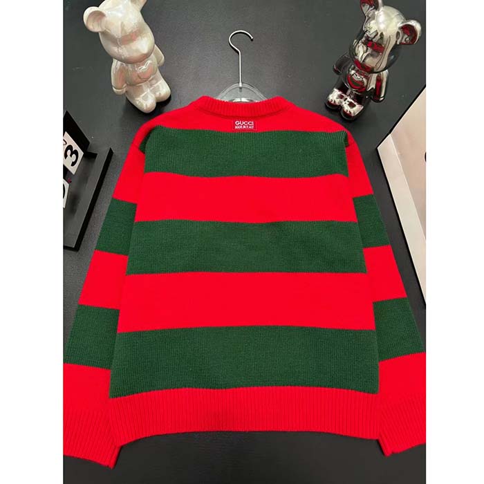Gucci Women GG Felted Wool Striped Sweater V-Neck Dropped Shoulder Long Sleeves