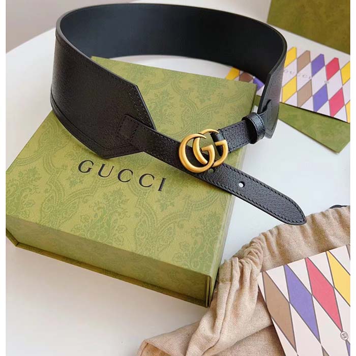 Gucci Unisex GG Marmont Wide Belt Black Leather Double G 6.9 CM Width