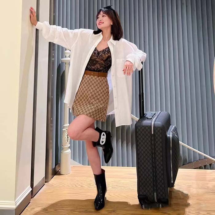 Gucci Women GG Canvas Skirt Camel Ebony Brown Leather Unlined Fitted Waistband Belt Loops