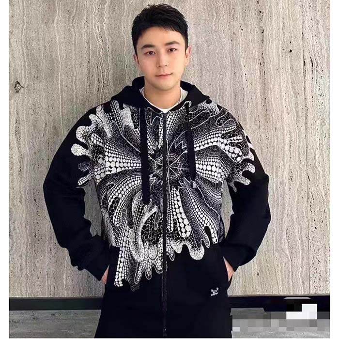 Louis Vuitton Men LV x YK Psychedelic Flower Zipped Hoodie Wool Polyamide Black White Regular Fit