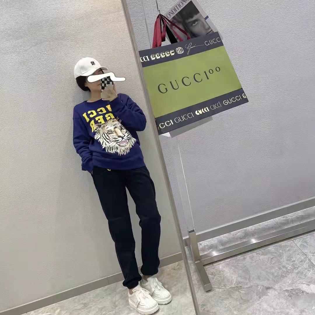Gucci Women GG Tiger Cotton Sweatshirt Blue Felted Jersey Crewneck