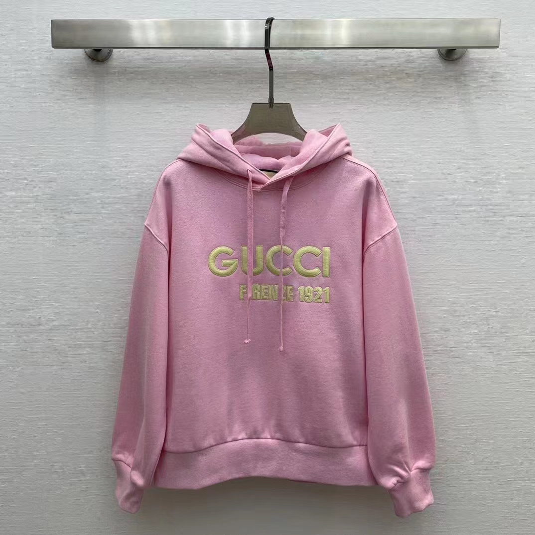 Gucci Women GG Hooded Sweatshirt Embroidery Firenze 1921 Drawstring Closure Dropped Shoulder Long Sleeves
