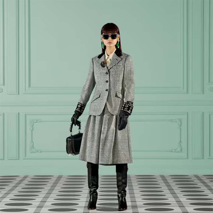 Gucci Women GG Prince Wales Check Jacket Black White Long Sleeves Flap Pockets