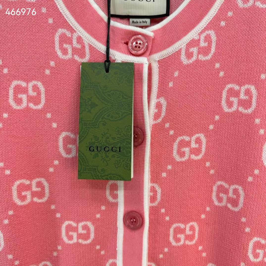 Gucci Women GG Cotton Jacquard Cardigan Pink Crewneck Long Sleeves