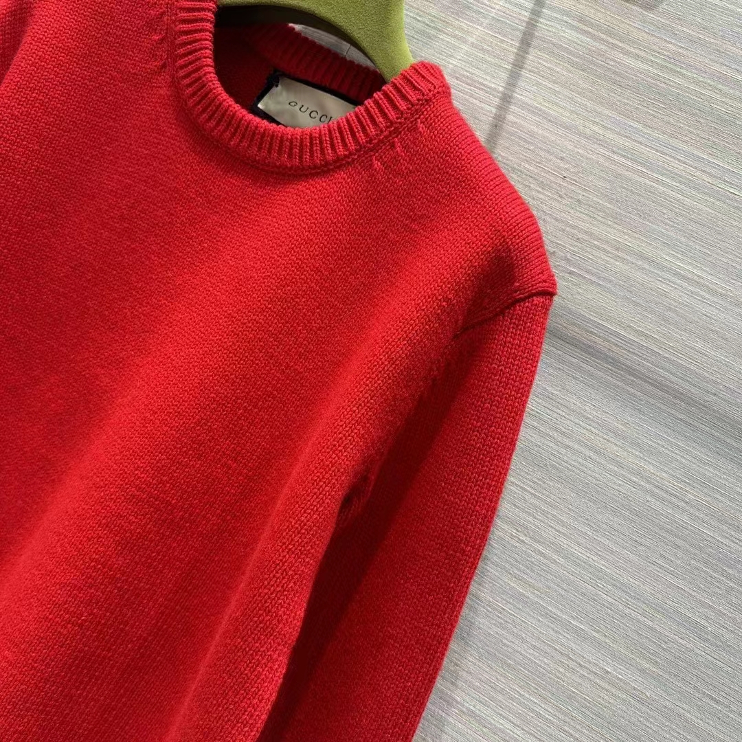 Gucci Women GG Red Wool Top Gucci Intarsia Crewneck Dropped Shoulder Long Sleeves